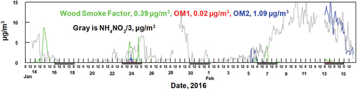 Figure 7. Comparison of the diel patterns of the wood smoke, the Wood Smoke Secondary OM Related Factors and the concentrations of the Ammonium Nitrate factor. Hash marks under the X axis indicate weekends.