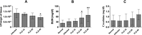 Figure 5 The effect of FLZ treatment on (A) fungal load, (B) BUN and (C) creatinine in C. albicans infected mice. A P value <0.05 was considered to be significant. *(P<0.05), **(P<0.01), Infected control vs Treatment groups. The data are represented as mean ± SD of three independent experiments.