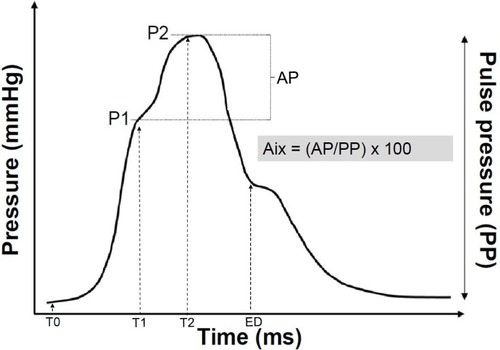 Figure 1 Schematic presentation of the pulse wave curve measured at the A. radialis. After the foot of the pulse (T0), indicating the onset of ejection, the pressure wave rises to an initial peak where it forms a shoulder (P1). This is the peak of the primary left ventricular ejection pressure. The second shoulder (P2) represents the peak of the arterial reflection wave. The difference between P2 and P1 is called augmentation pressure (AP). The end of ejection (ED) is the point of the closure of the aortic valve and time of the end of systole. The augmentation index (AIx) is calculated as the difference between the second (P2) and first (P1) systolic peak pressure and is expressed as a percentage of the central PP: AIx (%) = [(P2−P1)/PP] ×100.