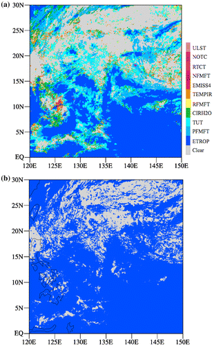 Fig. 4. (a) Clouds detected by the 11 infrared only cloud mask algorithm which is implemented for AHI data assimilation and (b) cloud mask (blue) obtained by CLAVR-x at 2300 UTC 1 July 2016.