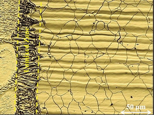 Figure 5. Interface between the filler 82 weld metal and the Incoloy 825 base metal.