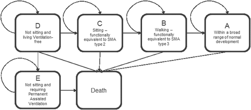 Figure 1. Model health states for SMA1. Five functional health states (A-E) and death are shown for SMA1.