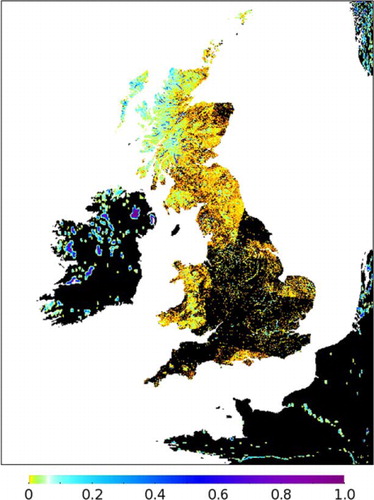 Fig. 2 Inland-water tile fraction in the UKV. Zero fraction is shown as black, other values up to 1 are shown on the colour scale. The model domain is as described in Section 3.1. Note that the stretched model grid produces distortion around the edges of the plot, e.g., the thinning of the Finistère peninsula.