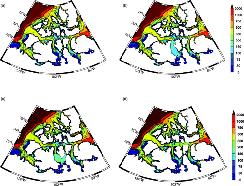 Fig. 3 Bathymetry (m) in the (a) CAA control experiment, (b) the CAA-MC experiment, (c) the CAA-FS experiment and (d) the CAA-BS experiment.