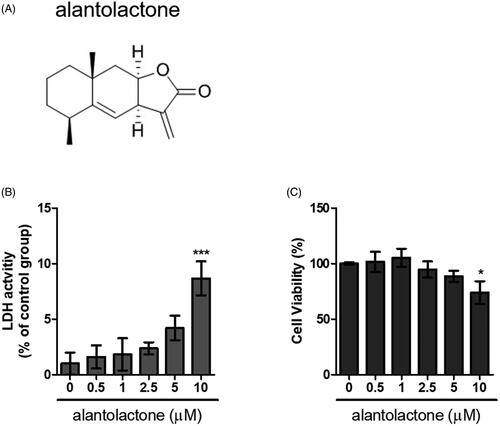 Figure 1. Cytotoxicity of alantolactone against CD4 T cells. (A) Chemical structure of alantolactone, (B) LDH and (C) CCK-8 assays were conducted to measure cytotoxicity after incubating CD4 T cells with various concentrations of alantolactone for 72 h. Data are representative of three independent experiments, and values are expressed as the mean ± SEM of samples of three wells. *p < 0.05, ***p < 0.001 compared with untreated controls, based on one-way ANOVA with Dunnett’s test.