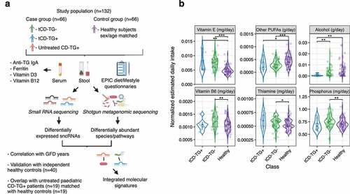 Figure 1. a) Workflow of the study. b) Violin plots reporting the estimated daily intake of nutrients significantly different among the investigated groups. The nutrient intake was normalized on the daily intake of kilocalories estimated for each subject. Wilcoxon Rank-Sum test: *p < .05; **p < .01; ***p < .001; tCD, treated Celiac Disease; TG, transglutaminase 2; GFD, gluten-free diet; sncRNAs, small non-coding RNAs.