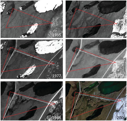 FIGURE 6. Historical satellite and aerial images indicate the site was stable until 1979. The 1988 SPOT image suggests that thermokarst development began between 1979 and 1988 and clearly expanded between 1988 and 2006. The drainage at the site originally was from lower left (SW) to upper right (NE) in the image, and the small access road built in the mid 1970s blocked this natural drainage.