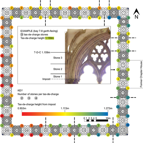 Figure 3. Plan of Norwich cloister highlighting the number of stones which complete each tas-de-charge, as well as the height at which individual rib voussoirs depart from the tas-de-charge. These can be compared with bay breaks (black dashed lines) establishing potential design changes from the middle plan study (Figure 2).