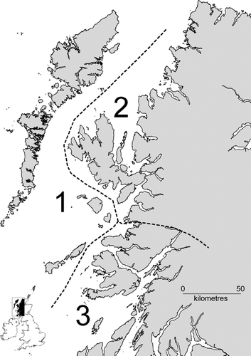 Figure 1 The study area in western Scotland divided into three regions. (1) Western and Small Isles (2868 km2); (2) Skye/Ross (4783 km2); (3) Argyll (3625 km2).