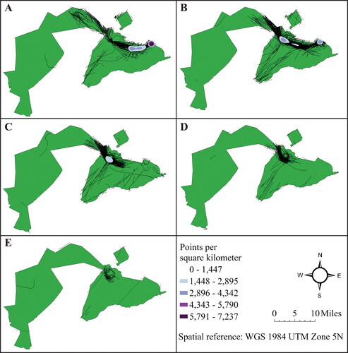 Figure 2 Point density of flights at different above ground level altitudes.