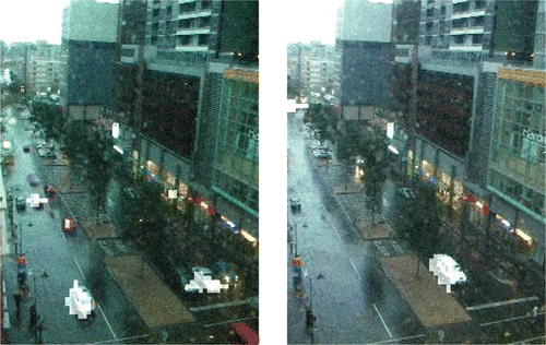 Figure 15. Two sample output frames: moving camera in rainy conditions with additive noise of variance 30. Source: Photograph by the author.