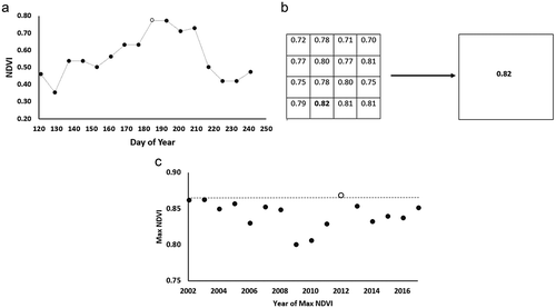 Figure 2. Selection of long-term maximum NDVI. (a) For each 2002–2017 growing season, the maximum NDVI was selected for each 250-m pixel. In this example, an NDVI value of 0.78 (white circle) was selected from early July. (b) Aggregation of 250-m maximum NDVI values to 1-km NDVI value. (c) Selection of long-term maximum NDVI from 2002–2017 1-km maximum NDVI time series.