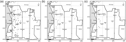 Figure 2. Locations of (a) precipitation, (b) temperature and (c) evaporation monitoring stations used in the study. The vertical lines show the transects used in Figures 4, 8 and 12.