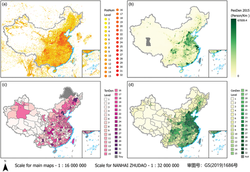 Figure 1. Tencent Population Density and estimated population density in 2015. (a) is the Tencent positioning points at 12 A.M. on 1 December 2019. (b) shows an estimated population density distribution in 2015. (c) shows the 32-levels’ classified results of the Average Tencent Population Density (ATPD) during the study period. (d) are the 32-levels’ classified density distribution corresponding to (b).