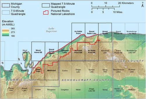 Figure 2. Regional elevation and 7.5-minute quadrangle references. Highest elevations are in white and tan, and lowest elevations are in teal. Pictured Rocks National Lakeshore is located in Alger county and almost fully incorporated within the ten distinguished 7.5-minute quadrangles.