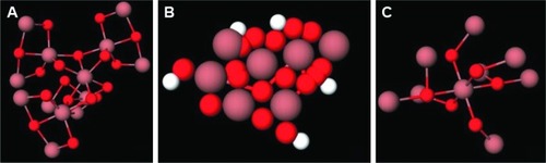 Figure 6 Titanium dioxide crystal structures.Notes: The three crystal structures of titanium dioxide show different amounts of antibacterial properties due to its production of •OH in its photocatalytic reaction, which causes cellular damage. (A) Anatase compared to other crystal structures such as (B) Brukide and (C) Rutile shows the most antibacterial activity.