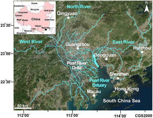 Figure 1. Satellite image (CNES-AIRBUS 2017) of the Pearl River Delta, Guangdong Province (southern China). White circles indicate megacities, cyan lines main rivers, cyan arrows indicate river flow direction.