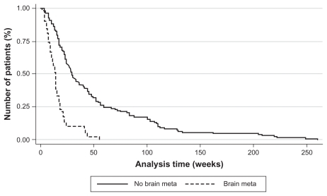 Figure 1 Kaplan–Meier estimation of overall survival (patients with or without brain metastases).Abbreviation: meta, metastasis.