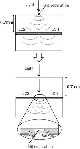Figure 5. Difference in optical configuration between control device studied before starting of this research work and self-aligned optical phase control LC device [Citation26] (©2023 Liq. Cryst.).