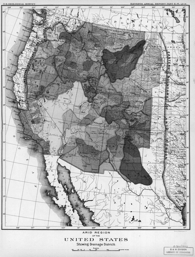 Figure 4.  Map of the arid region of the United States showing drainage districts. Eleventh annual report of the United States Geological Survey, 1890–91. In Report of the Secretary of the Interior, 51st Cong., 2nd sess., House Executive Document 1, part 5, serial set 2844.