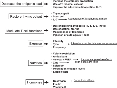 Figure 3 Preventive/curative strategies to counteract the aging immune system. The strategies depicted are those under current investigation or those proposed in this chapter.