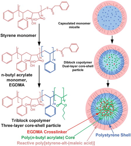 Scheme 2. An illustration of the synthesis of core-shell nanoparticles and the micellar self-assembly of reactive block copolymers. Adapted from Ref. Citation55, with permission from the Royal Society of Chemistry.