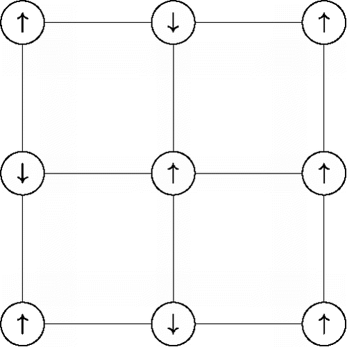 Figure 2. A square 3 × 3 lattice where the nodes (circles) refer to the upward “↑” or downward “↓” orientation of particles, and it is assumed that the particles only interact with their nearest neighbors (indicated with solid lines).