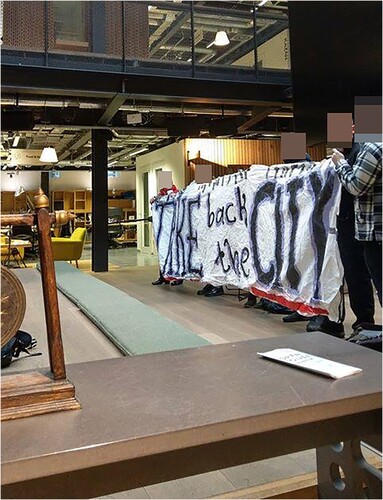 Figure 1: Take Back the City occupy Airbnb headquarters—image collected through digital ethnography of Take Back the City Facebook page, posted publicly on 13th October 2018. Note faces are blurred here by the author.