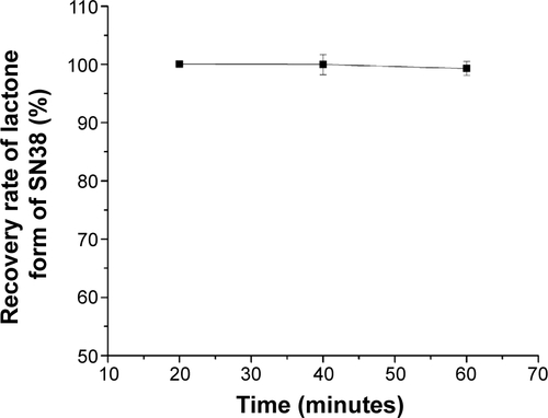 Figure S1 The recovery rate of the lactone form of SN38 at 37°C.Notes: The recovery rate experiment was carried out to confirm that the treatment of NaOH only caused hydrolysis of SN38 and reversible transformation from the lactone form to the carboxylate form. SN38 was not degraded during the treatment. Data are shown as mean ± standard deviation; n=3.Abbreviation: SN38, 7-Ethyl-10-hydroxycamptothecin.