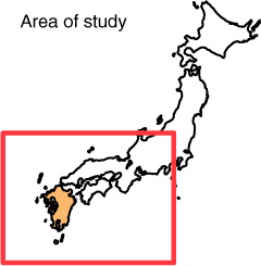Fig. 1 Area of study in south-west Japan (red solid box) used to define the atmospheric patterns. The orange shading represents the Kyushu region used in Section 3b.