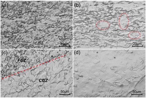 Figure 4. Microstructure of the FS-SMATed pure Mg plate using the (a,b) spherical stir tool and (c,d) plane stir tool in the (a,c) center zone and (b,d) transition zone.