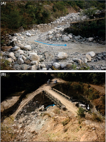 Figure 7. (A) Dried up Khedi Gad east of Guniyala village, probably water flows beneath the boulders that have clogged the stream bed during the construction of head race tunnel for Maneri Bhali Phase-II. (B) water can be seen flowing below the bridge towards the Bhagirathi river.