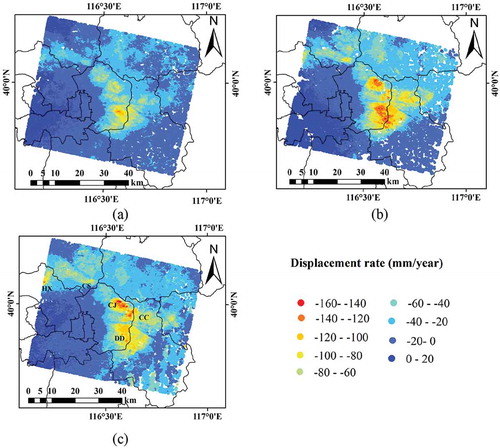 Figure 3. Displacement rates from 2004 to 2017 in the study area. (a) displacement rates from Envisat ASAR data during 2004–2010; (b) displacement rates from radarsat-2 data during 2011–2014; (c) displacement rates from sentinel-1 data during 2015–2017.