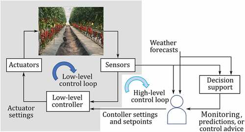 Figure 6. The role of decision support in greenhouse operational management. Two control loops are shown: a low-level management loop (with a low-level controller) with input consisting of settings and setpoints provided by the grower, and a high-level loop, in which a grower determines those settings and setpoints based on sensor information, forecasts and automated decision support (observation, prediction or control advice). Source photo: https://european-seed.com.