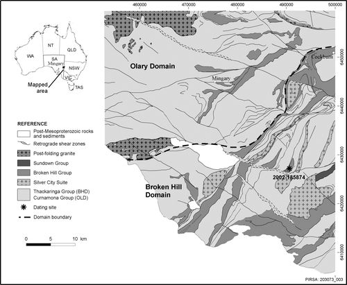 Figure 13 Geology of the Mingary area, South Australia, showing Hores Gneiss sample locality in relation to the interpreted Broken Hill Domain—Olary Domain boundary.