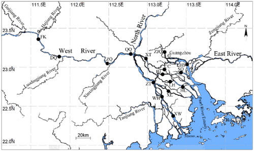 Figure 1. The Pearl River, including its three main tributaries (West, North and East River) and the Pearl River Delta system. Sampling sites are represented by black dots: FK-Fengkai, DQ-Deqing, ZQ-Zhaoqing, QQ-Qingqi, ZT-Zuotan, WH-Waihai, XW-Xinwei, XL-Xiaolan, XT-Xiaotang, BJ-Beijiao, LH-Lanhe, HL-Hengli, CC-Chencun, SQ-Shiqiao, LHS-Lianhuashan and ZJQ-Zhujiangqiao.