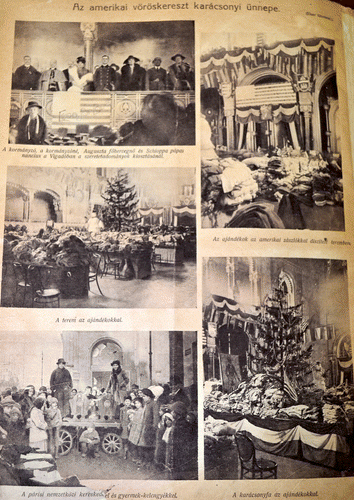 Figure 4. ‘The Christmas celebration of the American Red Cross’. Top left: ‘The Governor, the Governor’s wife, Princess Augusta of Bavaria, and Papal Nuncio Schloppa at the distribution of humanitarian donations in the Vigadó’. Top right: ‘The presents in the ceremonial hall, decorated with American flags’. Middle left: ‘… [content missing] with children’s equipment’. Bottom left: ‘The hall with the presents’. Bottom right: ‘The Christmas tree with presents’. Source: ‘Az amerikai vöröskereszt karácsonyi ünnepe’ [The Christmas celebration of the American Red Cross], Érdekes Ujság 9, no. 1 (1921).