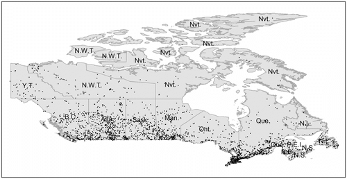 Figure 3 Spatial distribution of active streamflow stations across Canada in 2011.