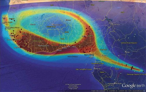 Figure 7. The overlap of the Selfie result on Google earth. Red dots are the points of the dataset.