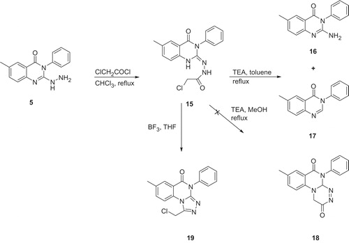 Scheme 4. Synthesis of 1-(chloromethyl)-7-methyl-4-phenyl-[1,2,4]triazolo[4,3-a]quinazolin-5(4H)-one (19).