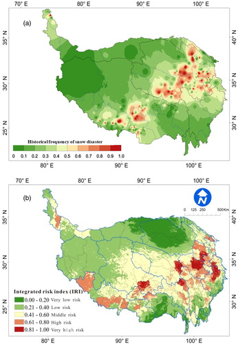 Figure 10 Classification, zoning and spatial distribution of historical SD (above map) and integrated risk index (IRI) of the SD (under map) in the QTP.