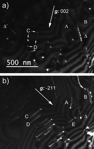 Figure 4. Sample DFC-2 – WBDF micrographs performed with: (a) g1: 002 close to the [1 2 0] zone axis. (b) Same area as (a) and same magnification. g2: -211 close to the [1 2 0] zone axis.