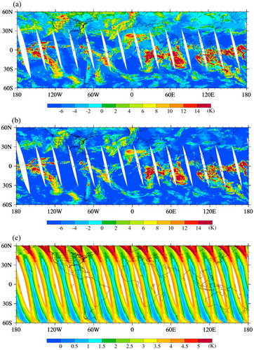 Fig. 9. Spatial distributions of CESI-9 (a) without and (b) with bias correction at CrIS ascending nodes on 22 January 2016. (c) Differences between (a) and (b).