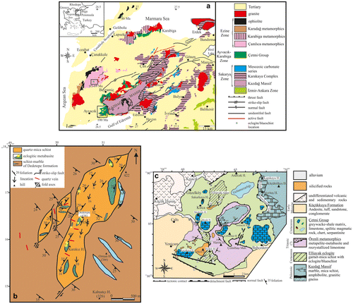 Figure 2. (a) Generalized geological map of the Biga Peninsula (modified from Okay & Satır, Citation2000a). Inset map shows location of the Biga Peninsula. (b) Detailed geological map of high-P tectonic slice (Şengün et al., Citation2011). (c) Detailed map of the Çetmi Group (After Tunç, Citation2008; Yiğitbaş et al., Citation2009a).