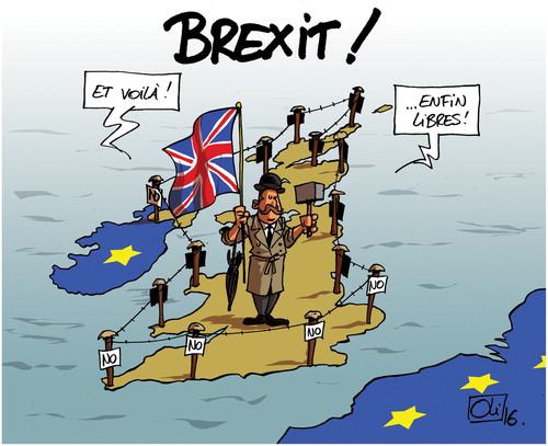 Figure 10. Brexit! Et voila! Enfin libres! Source: Oli – Sudpresse (Belgium) 25/06/2016. http://www.humeurs.be/2016/06/brexit-good-bye-uk/sp20160624_brexit-1000/.