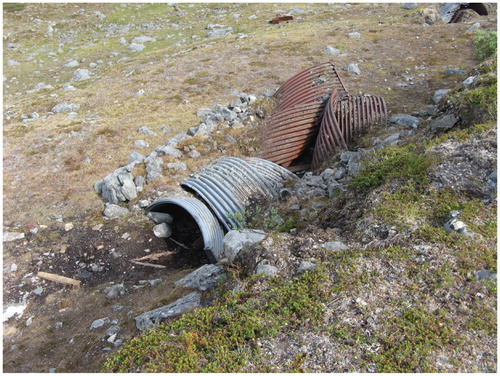 FIGURE 3. Two collapsed observation posts in the barren mountain zone. The undisturbed vegetation on the steep slope in the foreground consists of dwarf shrubs and lichens mainly of the genera Cladonia and Stereocaulon, whereas the disturbed area in front of and between the remains of the two observation posts consists mainly of graminoids.