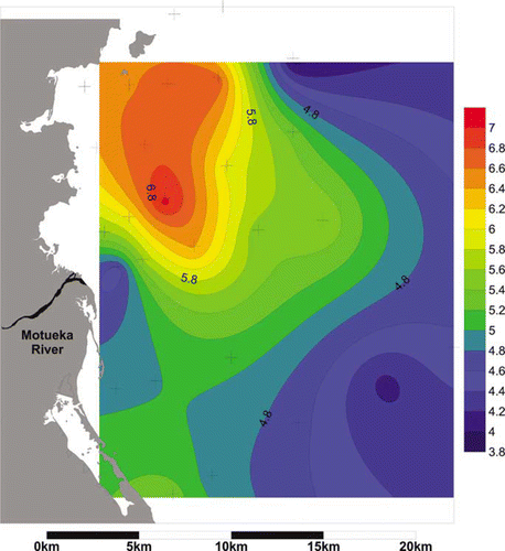 Figure 6  Organic matter content (% ash free dry weight) in Tasman Bay sediments. Crosses refer to sampling sites.