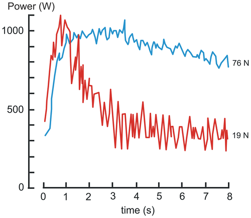 Figure 13. Time–power output curves computed during all-out sprints on basket-loaded cycle ergometer against loads equal to 19 N (red curve) and 76 N (blue curve).