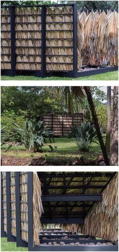 Figure 1. Sean Connelly, Thatch Assembly With Rocks (2017) integrates traditional loulu palm thatching as a viable example of modern architecture.