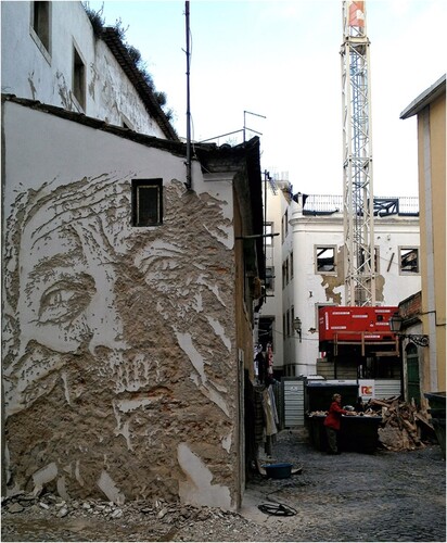 Figure 3. Alexandre Farto AKA VHILS (Seixal, Portugal, 1987) Portrait of elderly man amid urban renewal projects in Alfama, Lisbon, 2012. Source: Image courtesy of Stick2Target: Urban Art from Portugal (www.stick2target.com), 2012.